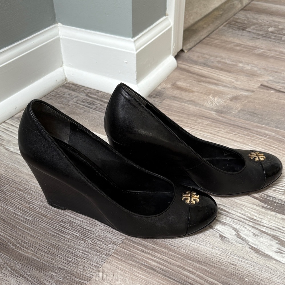 Tory Burch Black Wedge Shoes with Gold Accents